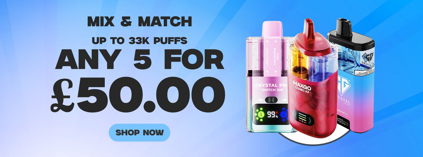Promotional banner for vape devices with pricing and offer details on a blue background