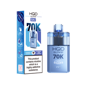 HQD Glow 70K vape device and packaging on a white background