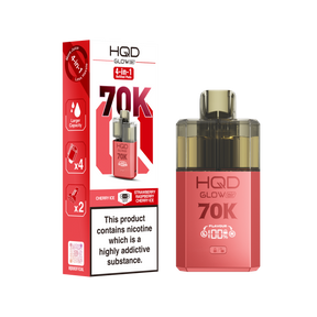 HQD Glow 70K vape device and packaging on a white background