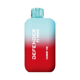Gradient bottle from light blue to red with 'Defender' branding on a white background