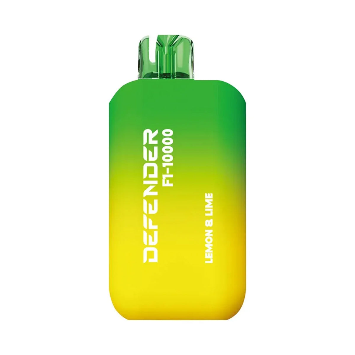 Green and yellow vape device with 'Defender' branding on a white background