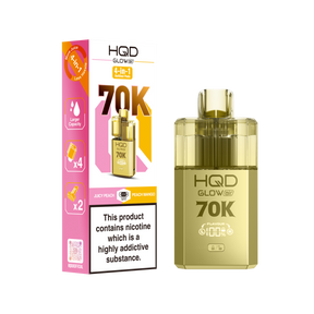 HQD Glow 70K vape device and packaging on a white background