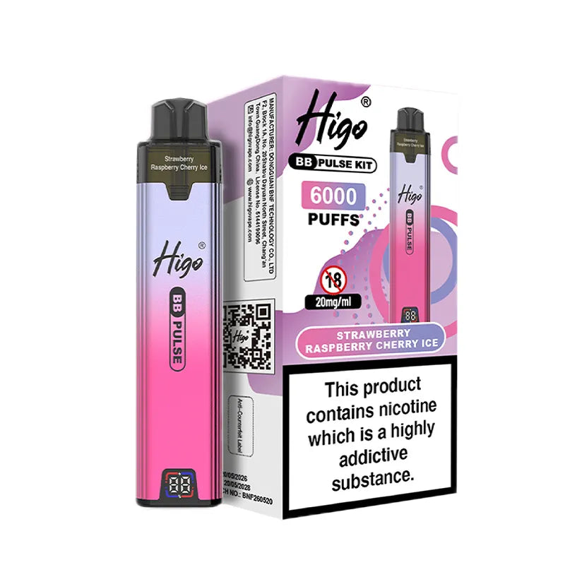 Strawberry Raspberry & Cherry Ice Higo BB Pulse 6000 Prefilled Pod Kit Vape Universe
